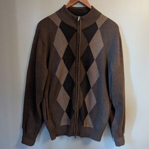 Consensus Men's Sweater Brown Argyle Full Zip 100% Cotton Size Medium